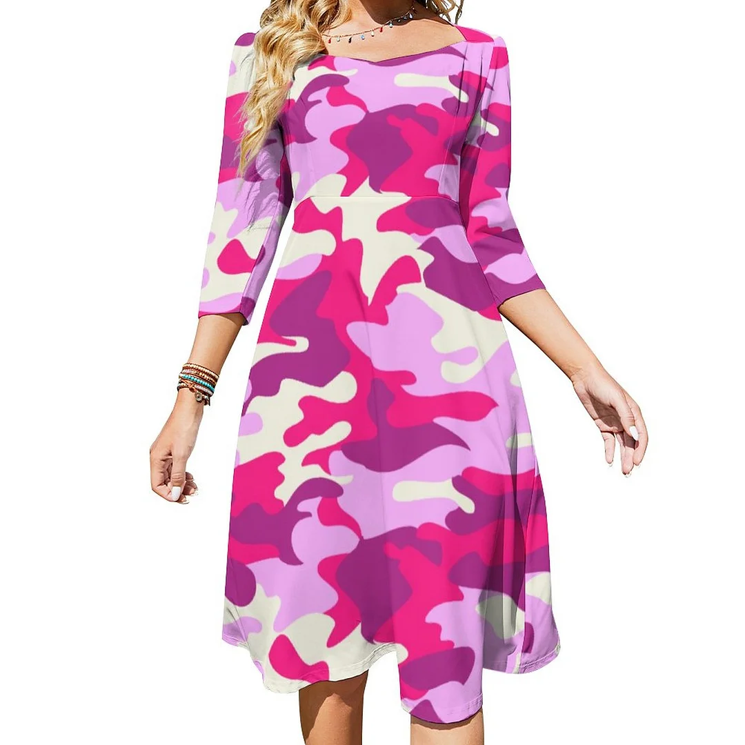 Cute Pink Camo Trendy Girly Camouflage Pattern 1 Dress Sweetheart Tie Back Flared 3/4 Sleeve Midi Dresses