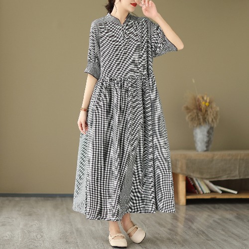 Slimming Large Pleat Long Dr Women's Loose Waist Cotton Linen Plaid Dr Stand Collar Summer Commute Sle A-Line Skirt