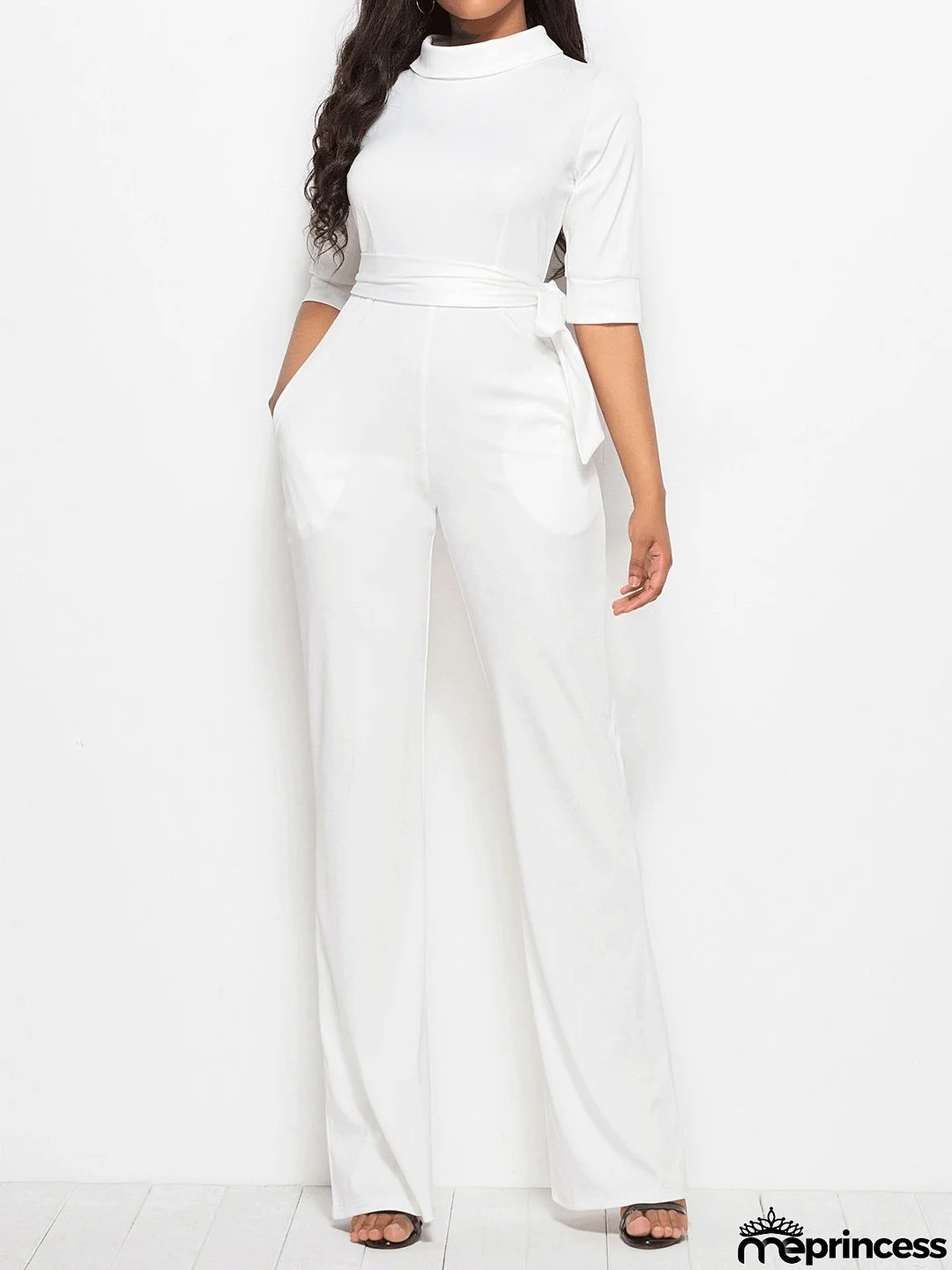 Women's Jumpsuits Solid Half Sleeve Stand Collar Wide Leg Jumpsuit