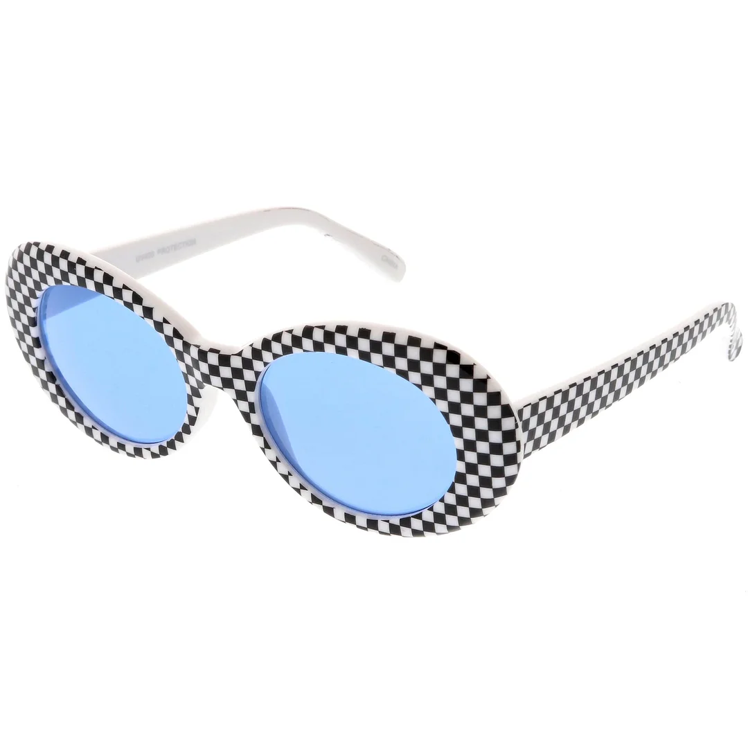 Large Retro Checkered Oval glasses Thick Frame Colored Lens Wide Arms 53mm
