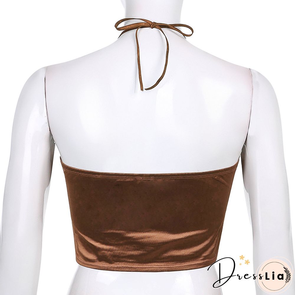 Sexy Fashion Brown Halter Tops Women Backless Skinny Camisole Korean Harajuku Clubwear