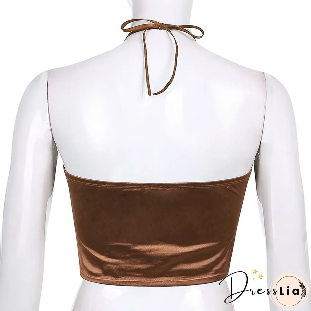 Sexy Fashion Brown Halter Tops Women Backless Skinny Camisole Korean Harajuku Clubwear