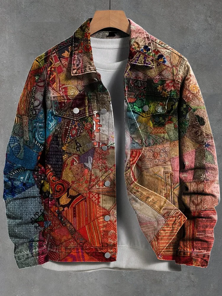Vintage Printed Oil Painting Abstract Casual Denim Jacket