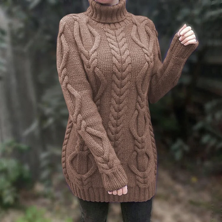 Retro Turtleneck Long Twist Solid Color Sweater