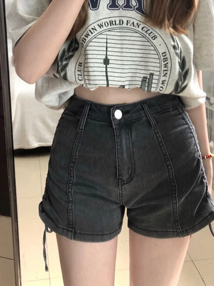 Women Denim Hot Shorts Casual Summer Side Drawstring High Rise Jean Short Pants For Vacation Beach Club Streetwear
