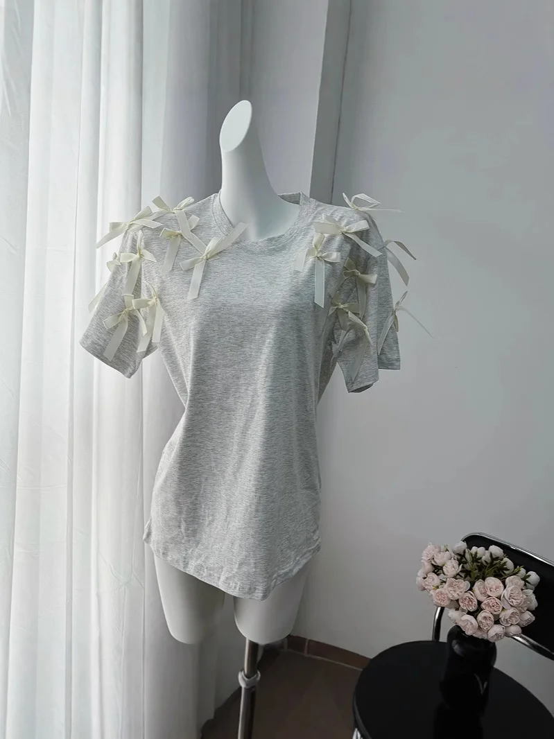 Athvotar Athvotar Girl Ribbon Bow Loose Short-Sleeved T-Shirt In Wind Loose Cotton Casual Blouse