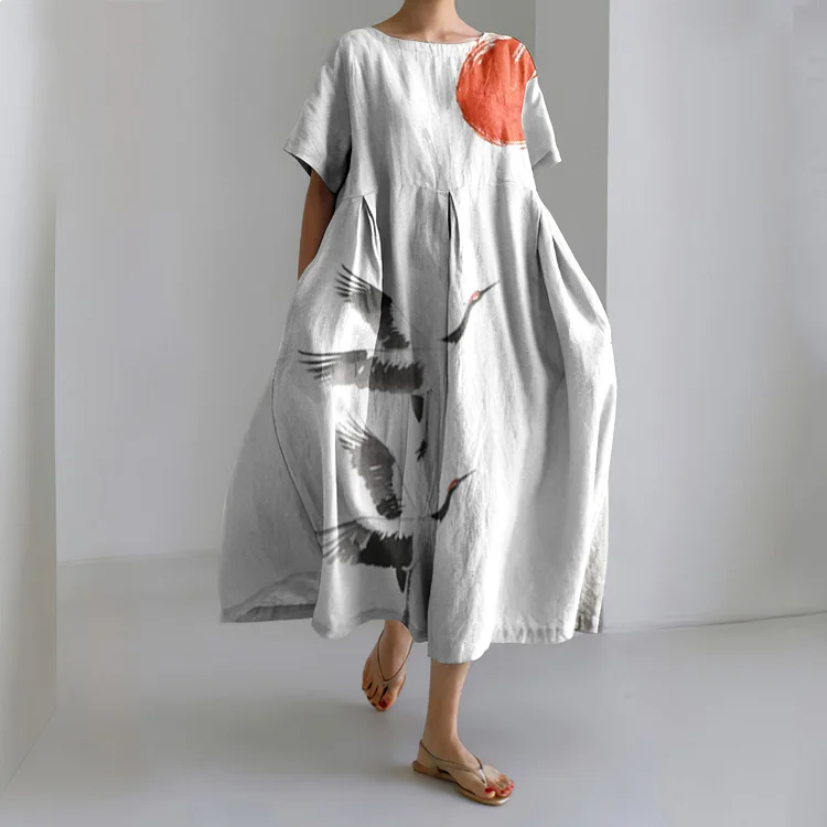 Retro Sunset Flying Crane Pattern Women'S Dress