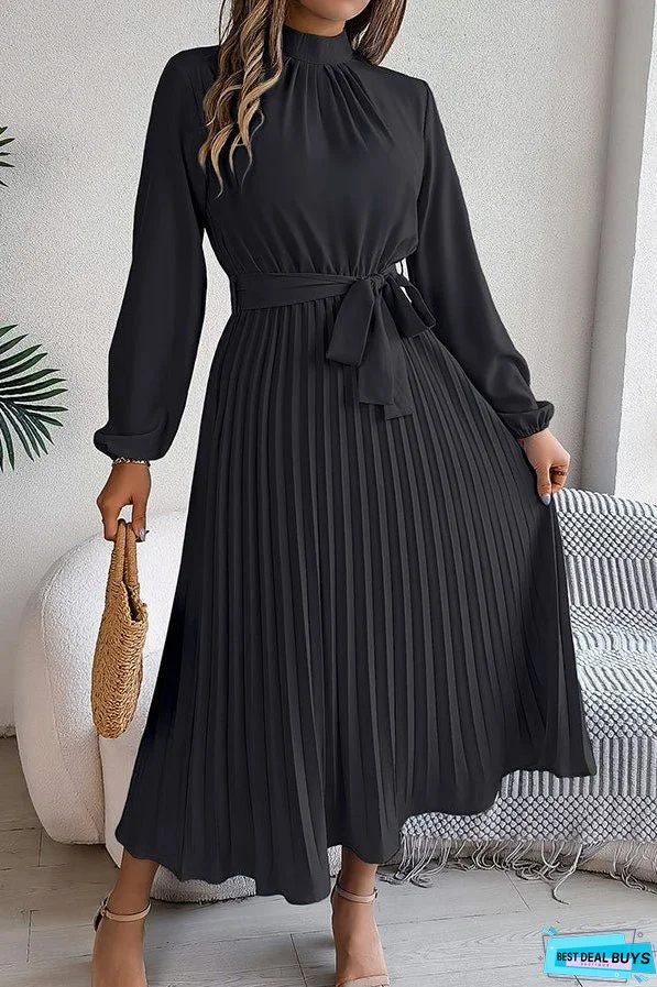 Elegant Stand-collar Long-sleeve Waisted Tie-up Pleated Midi Dress
