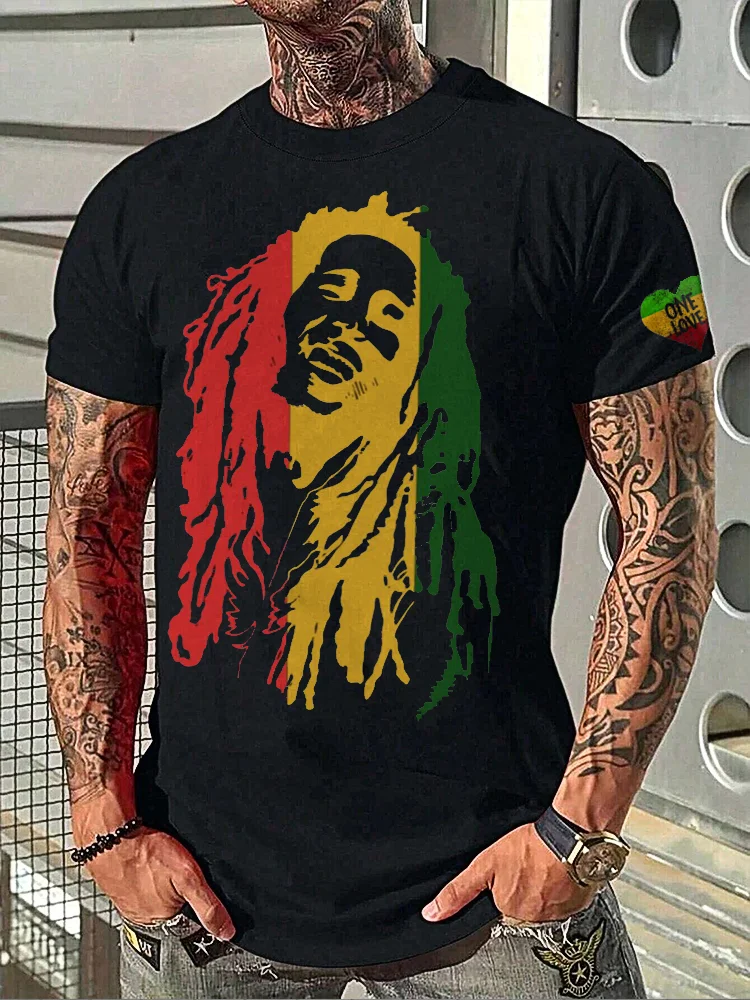 Wearshes Reggae Lion Print Casual Cozy Short Sleeve T-Shirt
