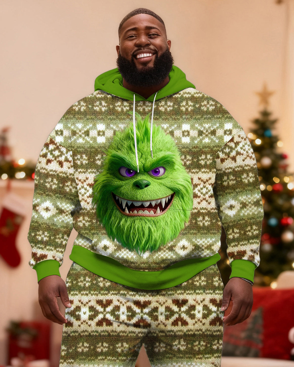 Big & Tall Men's Christmas Green-haired Monster Hoodie Set