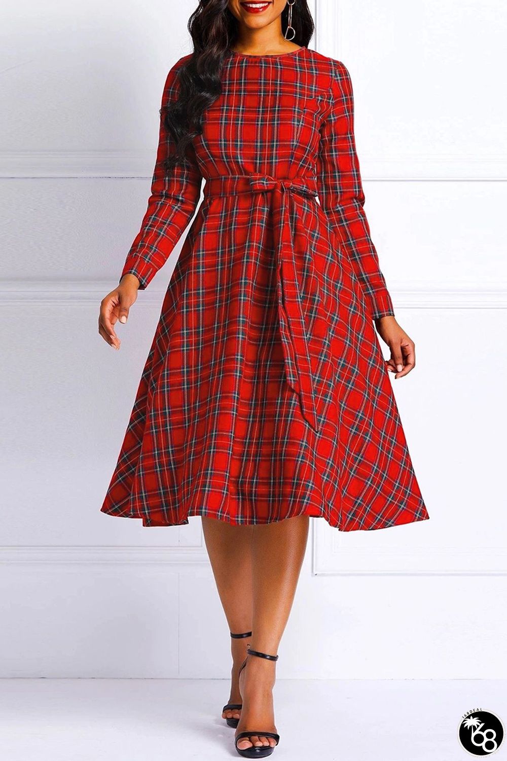 Red Casual Plaid Print Patchwork O Neck Long Sleeve Plus Size Dresses | 168DEAL