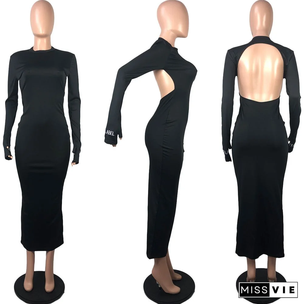 Cuff Embroidery Long Sleeve Backless Hip-hugging Dress