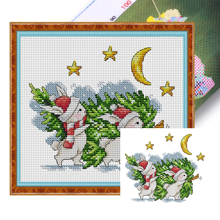 Joy Sunday - Little Bunny Carrying Christmas Tree 14CT Stamped Cross Stitch 21*19CM