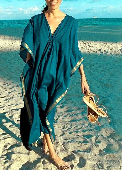 Comfy Blue Cinched Butterfly Sleeve Beach Gown Vacation Summer