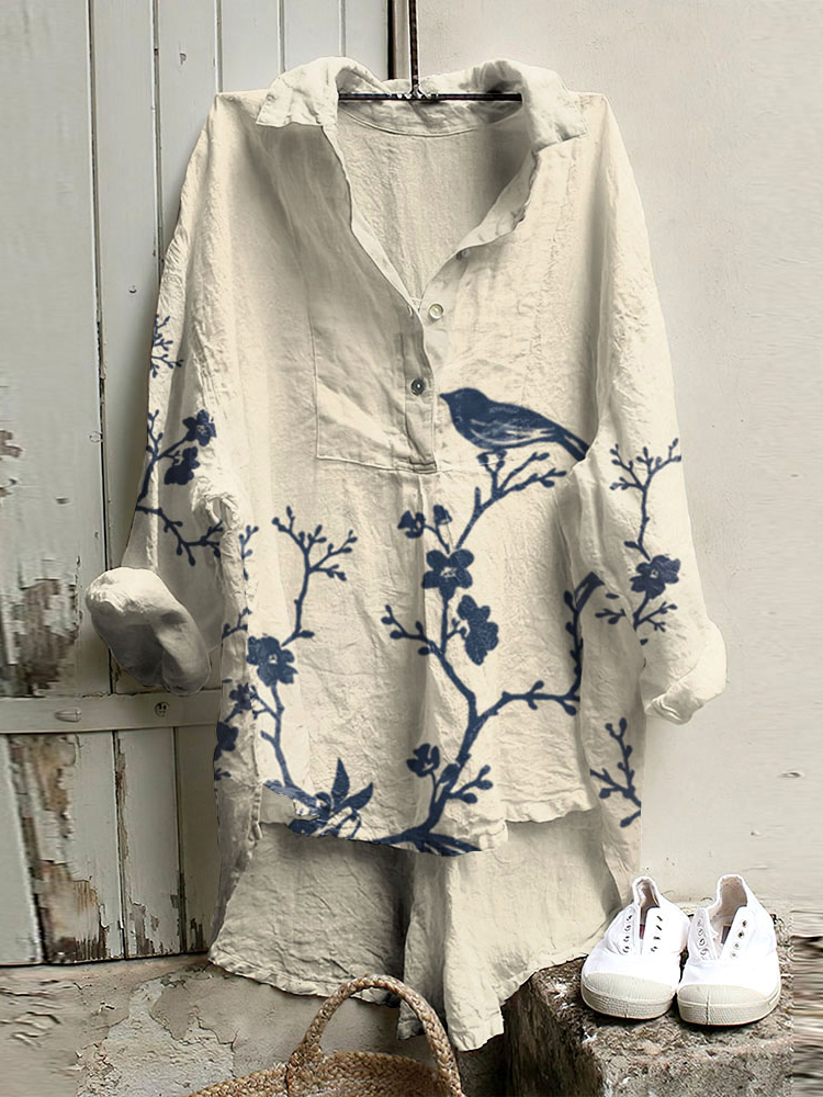 Comstylish Retro Japanese Birds Blossom Art Woven Tunic