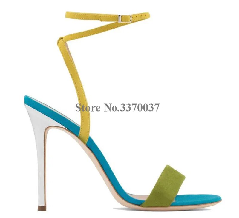 VCSHOES Women Open Toe Suede Leather Patchwork Colors Thin Heel Sandals One Strap Ankle Strap Mixcolors High Heel Sandals