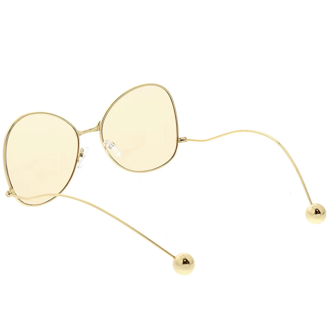 Women's Metal Butterfly glasses Thin Curved Arms Ball Accent Color Tinted Flat Lens 56mm
