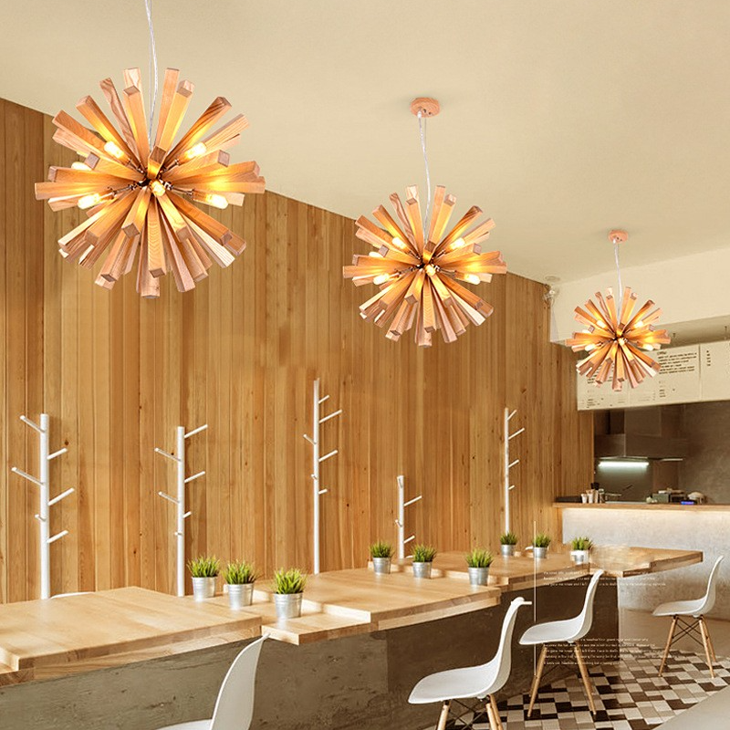 Nordic Wood Chandelier Dandelion-Shaped Pendants Lights For Bedroom