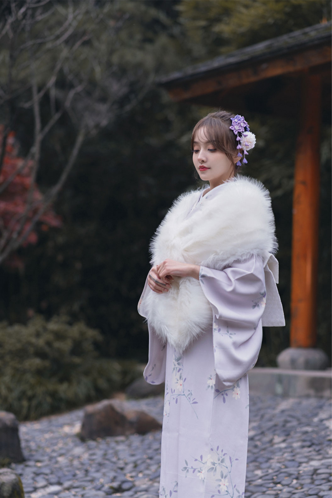 Yukata Kimono with Purple Robe and Multicolored Flowers in Divine Maiden Style - てんじんまつり  Stupa Stones