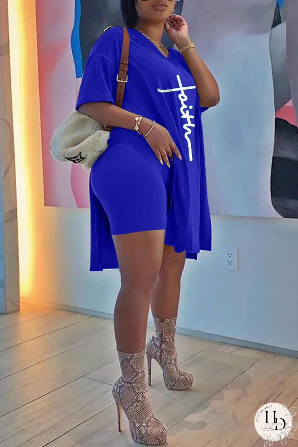 Blue Fashion Casual Print Slit V Neck Plus Size Two Pieces