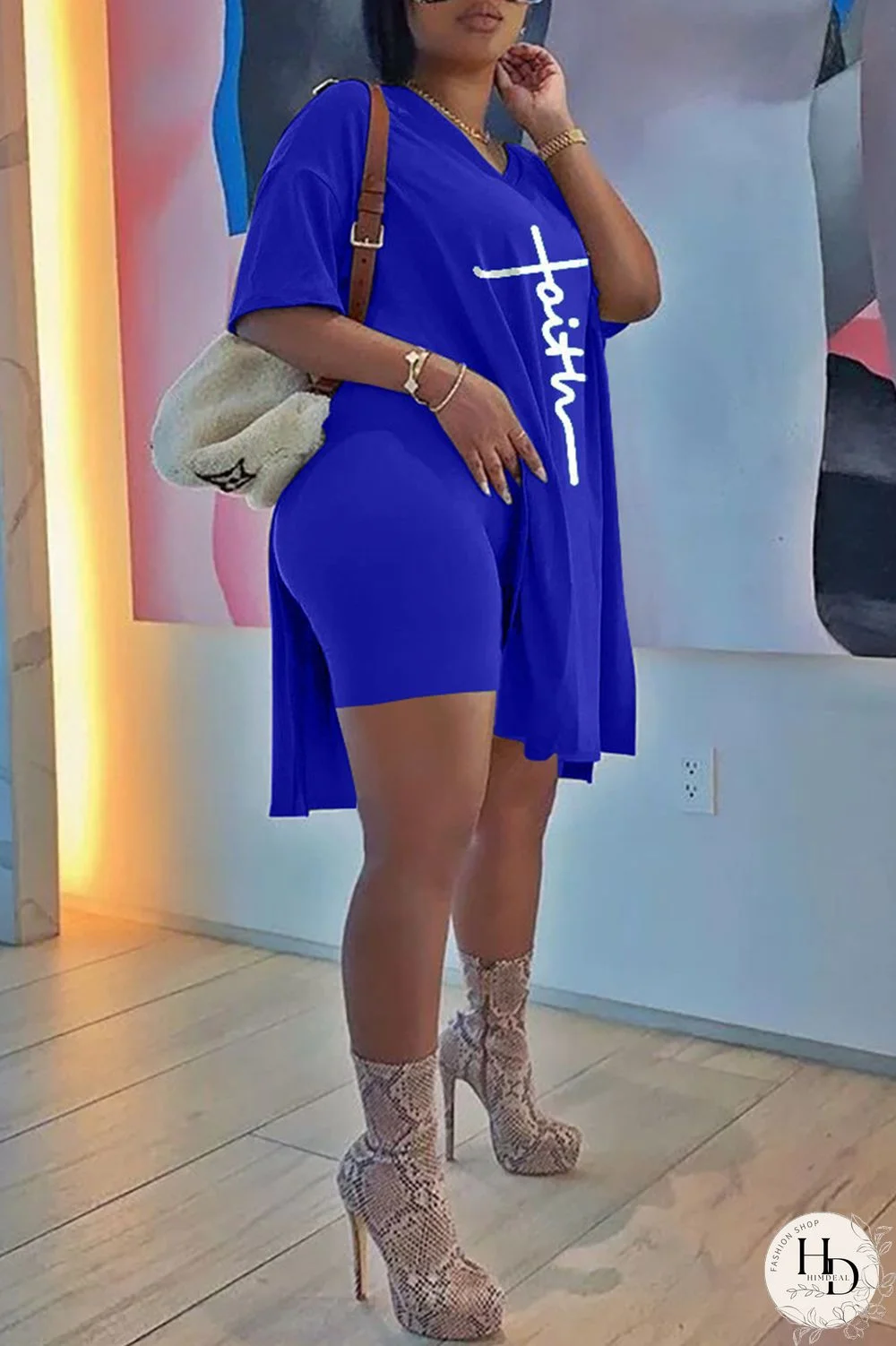 Blue Fashion Casual Print Slit V Neck Plus Size Two Pieces