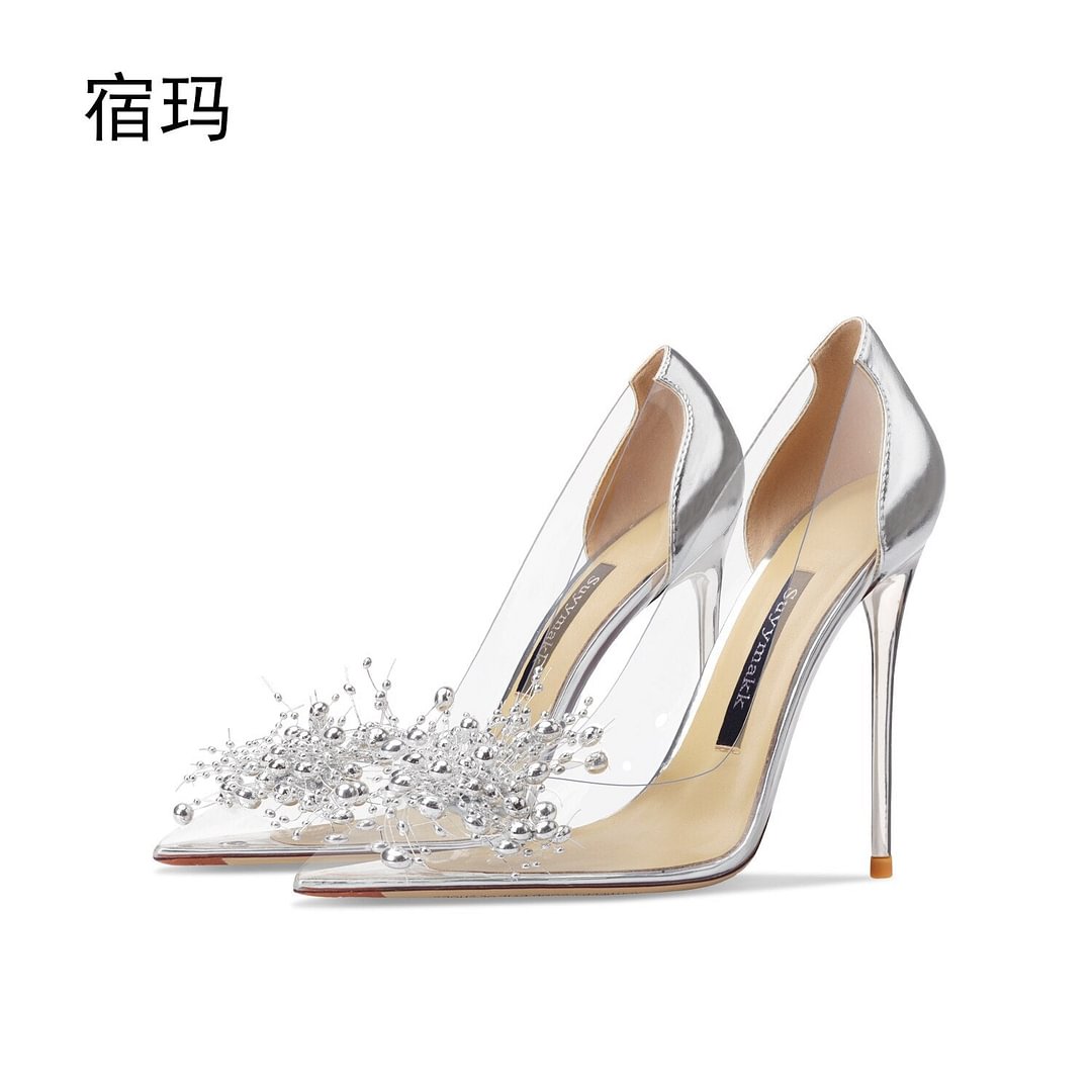Luxury Rhinestone Women Pumps Transparent PVC High Heels Shoes Sexy Pointed Toe Wedding Shoes Party Fashion For Lady Evening 8cm