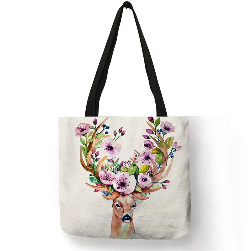 B01100 Floral Deer Sheep Head Prints Women Handbags Bohemian Style Totes Eco Shopping Bags Large Capacity Shoulder Bags