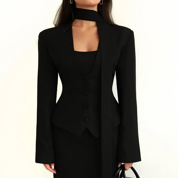 Solid Color And V-neck Scarf Decoration Long Sleeve Suit Coat