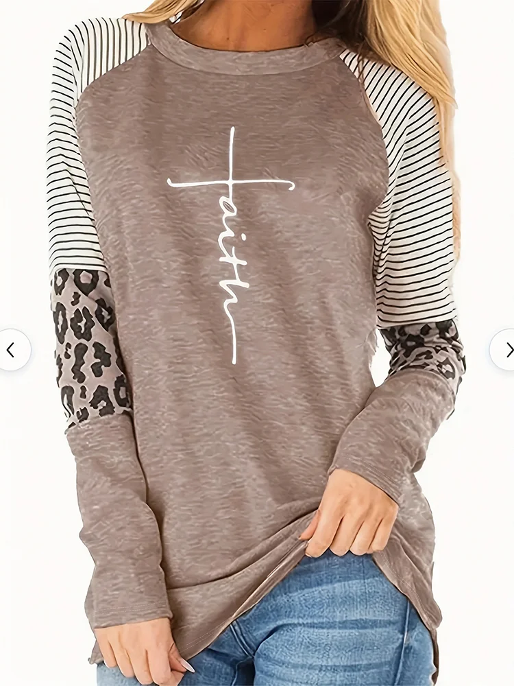 Letter & Leopard Print Long Sleeve T-Shirt