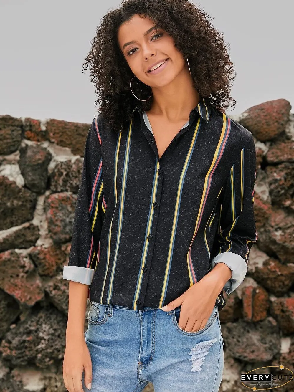 Women's Vertical Striped Button-Down Shirt