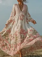 Retro Pink Rose Design V-neck Long-sleeve Casual Dress