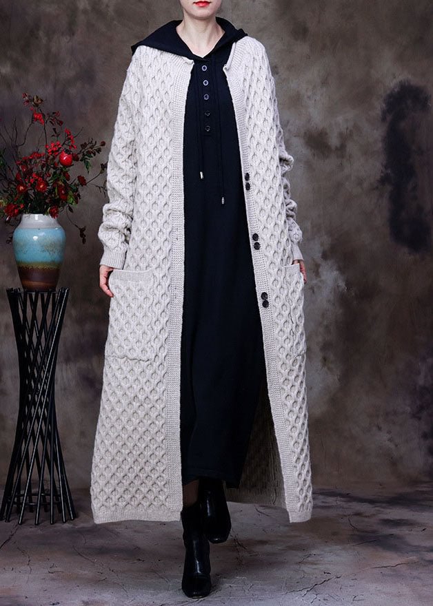 Loose Apricot Pockets Button Knit Fall Sweater Coat