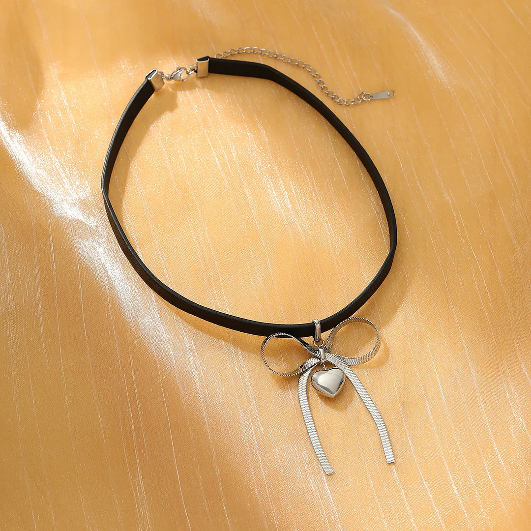 Bow Leather Heart Necklace