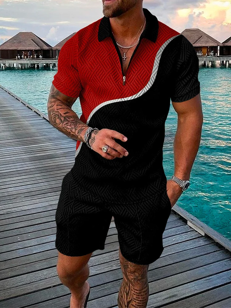 Men's Fashion Printed  Zip Polo Shirt and Shorts Two-Piece Suits