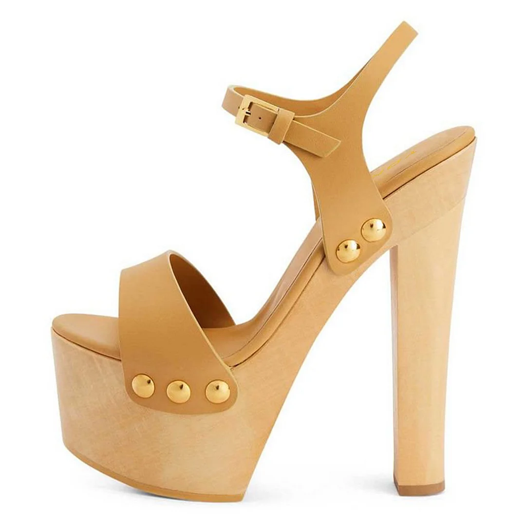 Tan Ankle Strap Sandals Open Toe Platform Heels with Studs