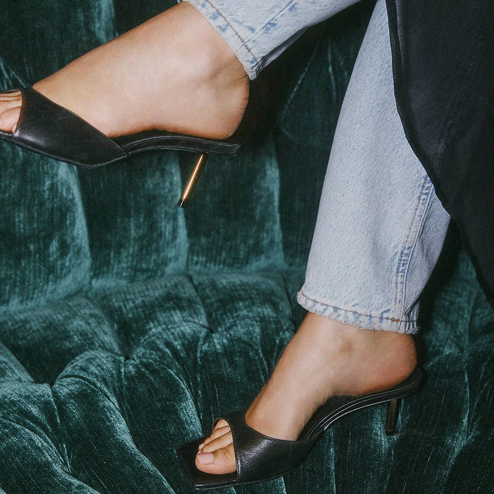 YDN Black Open Square Toe Metal Stiletto Heel Mules for Women