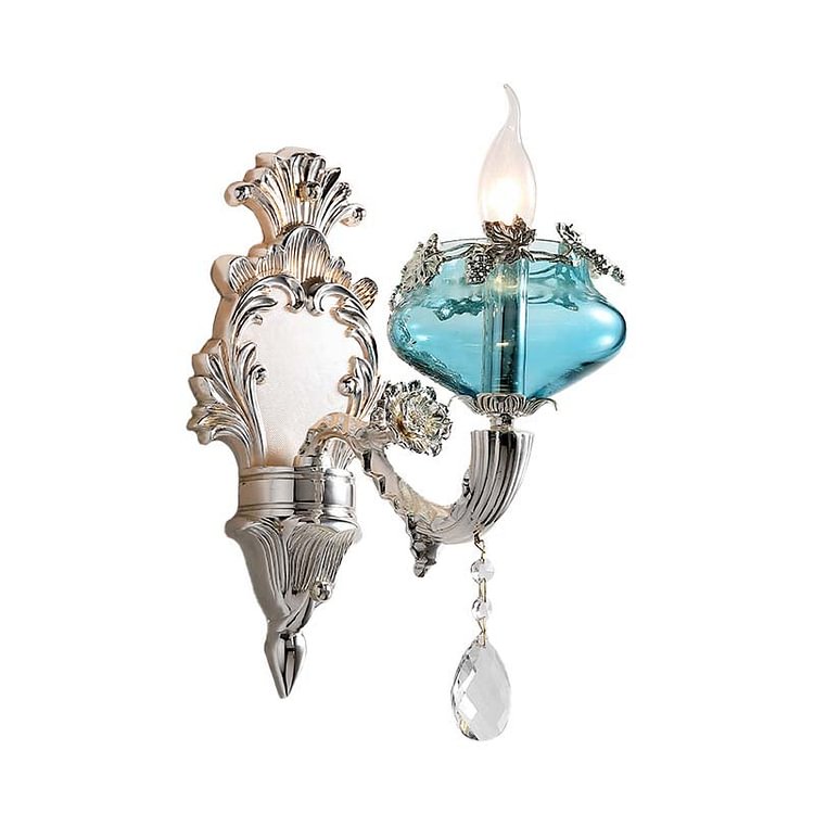 Candle Bedroom Sconce Light Antique Blue Glass 1/2 Heads Chrome Wall Lighting Fixture with Dangling Crystal Accent