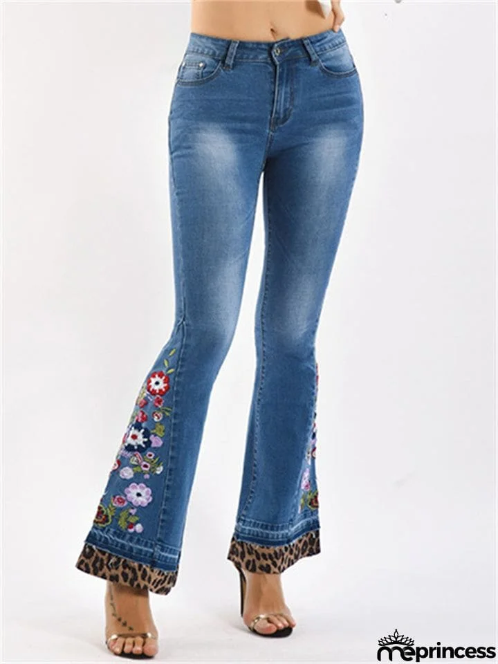 Women's Floral Embroidery Bell Bottom Denim Pants