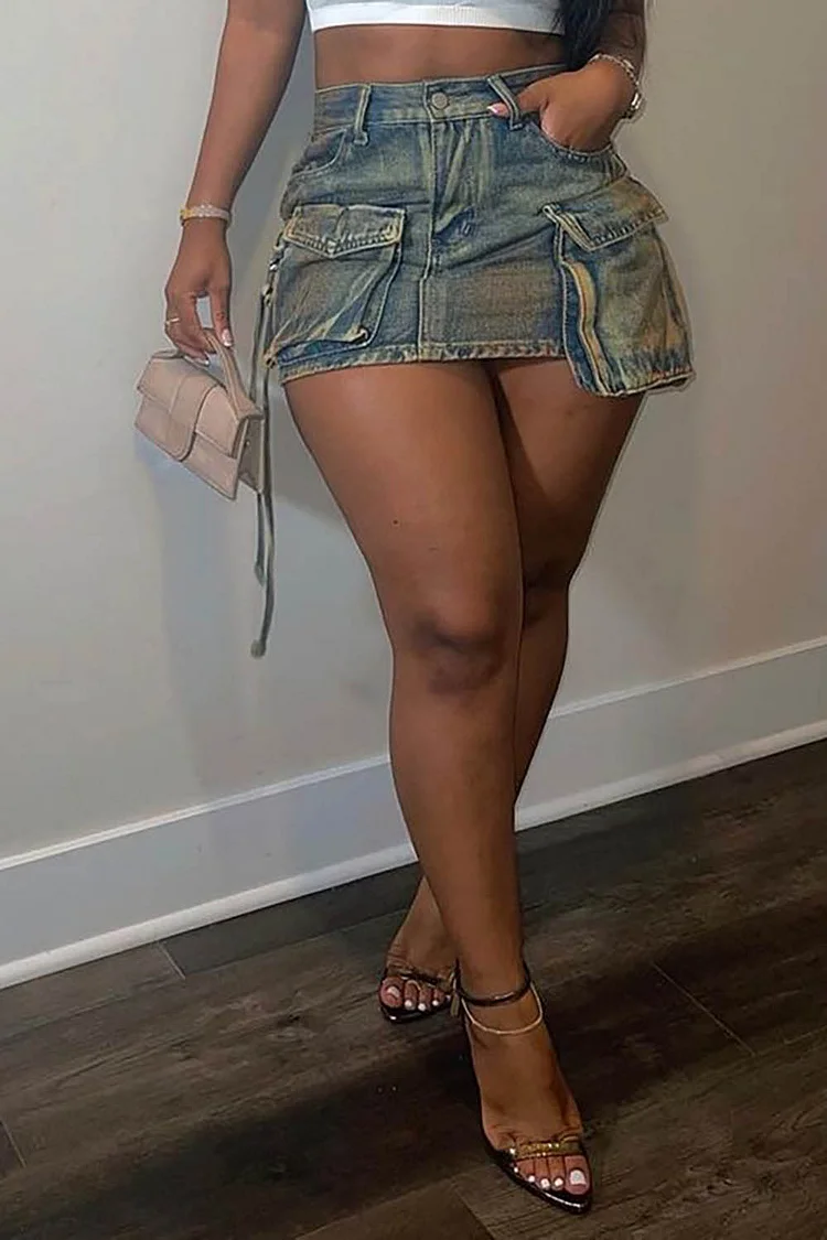 Plus Size Daily Skirt Blue Denim Cargo Mini Skirt [Pre-Order]