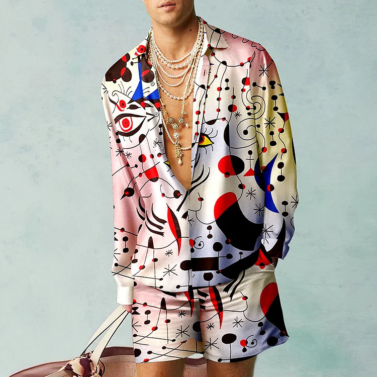 Thoval Fashion 3D Print Two Piece Set Men Long Sleeve Lapel Shirts And Shorts Casual Loose Suits Summer Hawaiian Beach Outfits Male