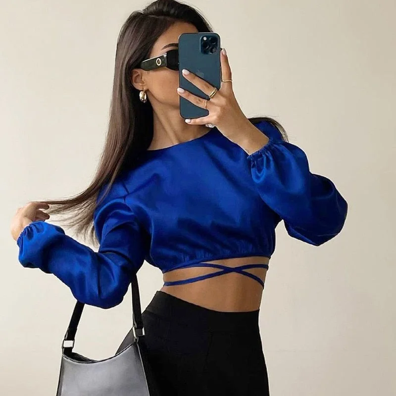 Spring Summer Blue Satin Blouse Women Lace Up Sexy Backless Elegant Women Shirt Long Sleeve Wrap Top Ladies Solid Crop Top 18697