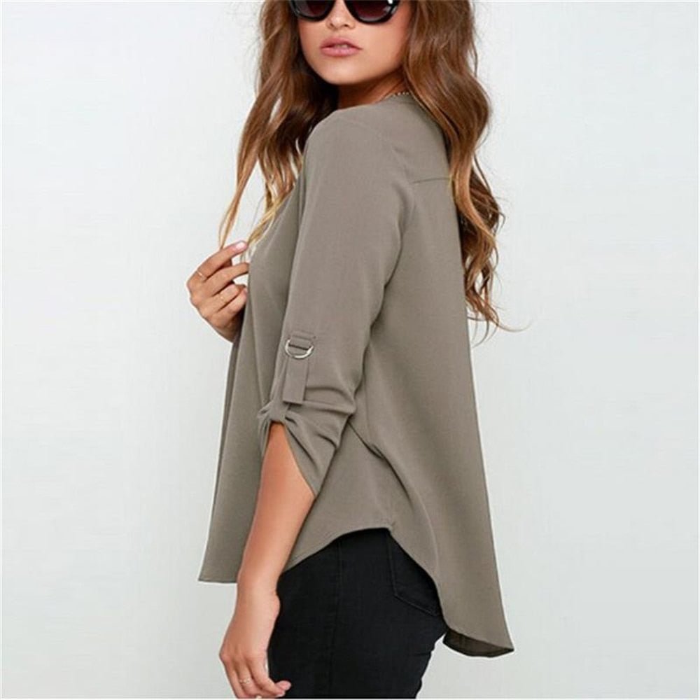 Blusas Femininas New Women V-Neck Solid Chiffon Blouse Tops Sexy Fashion OL Long Sleeve Shirt Blouses 6 Colors