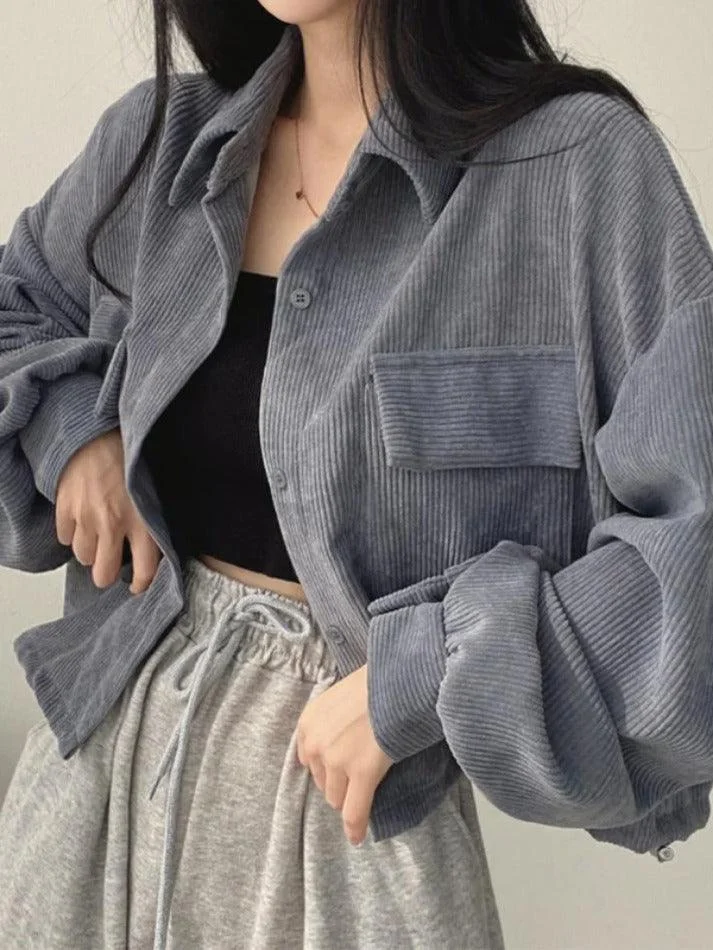 Brownm Vintage Corduroy Lapel Neck Button Long Sleeve Blouse