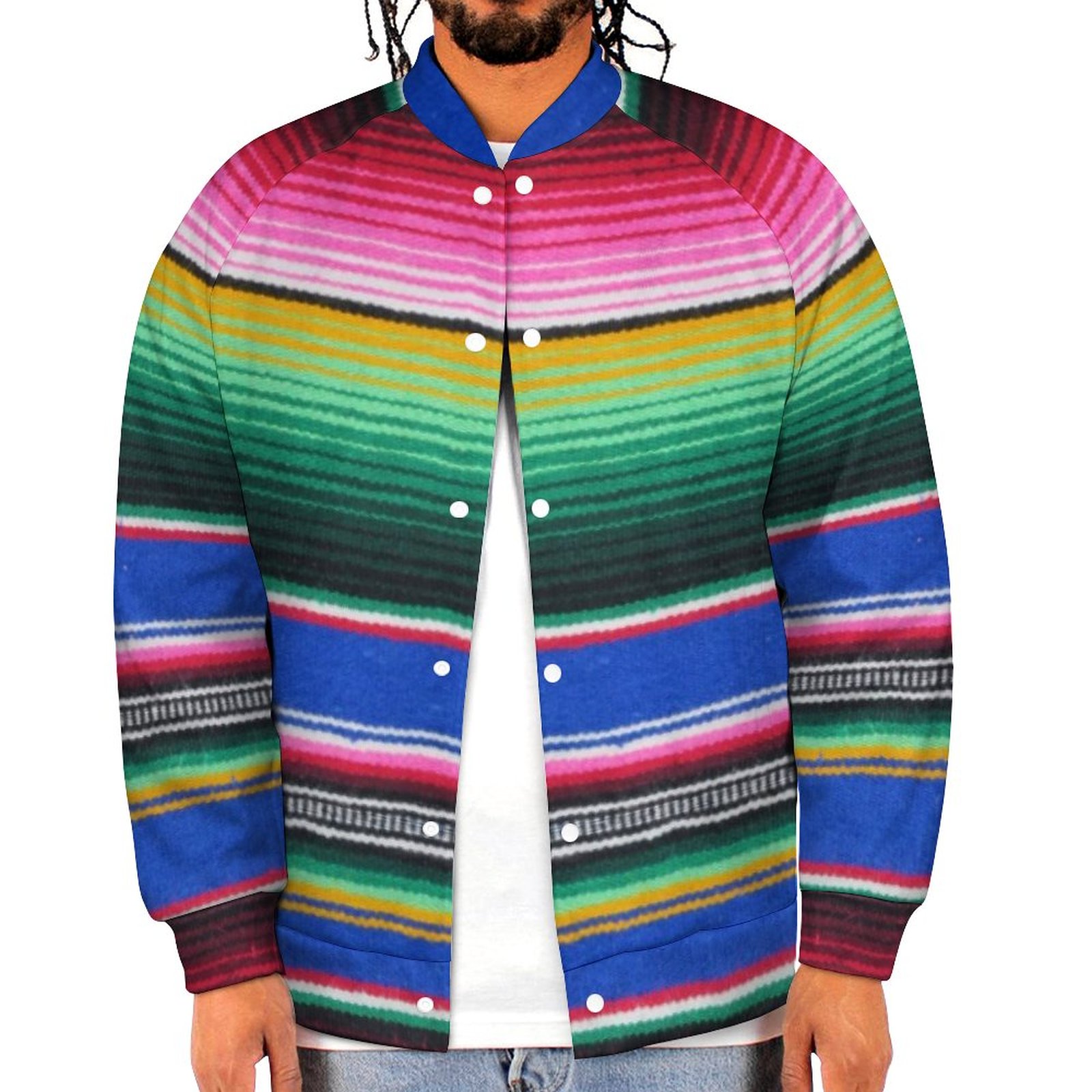 Serape Pattern Bold Lapis Blue Stripe Mens Baseball Jacket Guys Graphic Print Varsity Streetwear Coats
