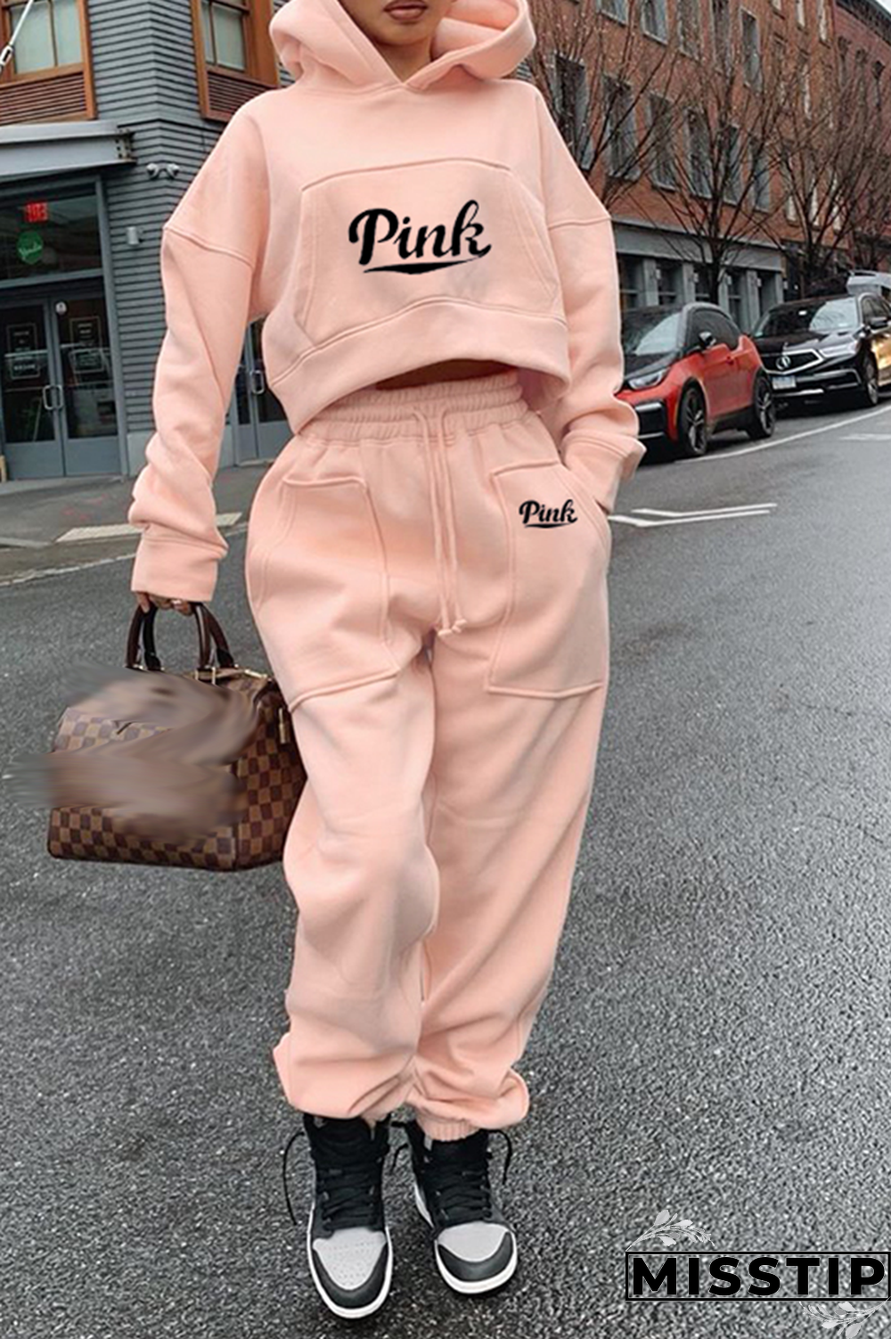 Burgundy Fashion Print Patchwork Hooded Collar Long Sleeve Two Pieces