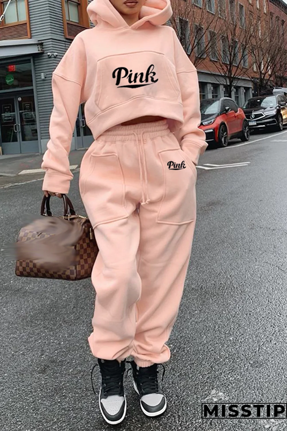 Burgundy Fashion Print Patchwork Hooded Collar Long Sleeve Two Pieces