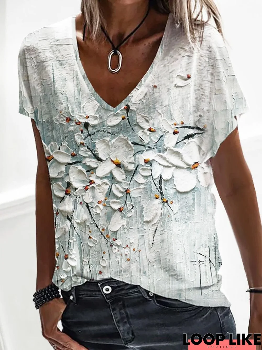 V Neck Casual Floral Jersey T-Shirts