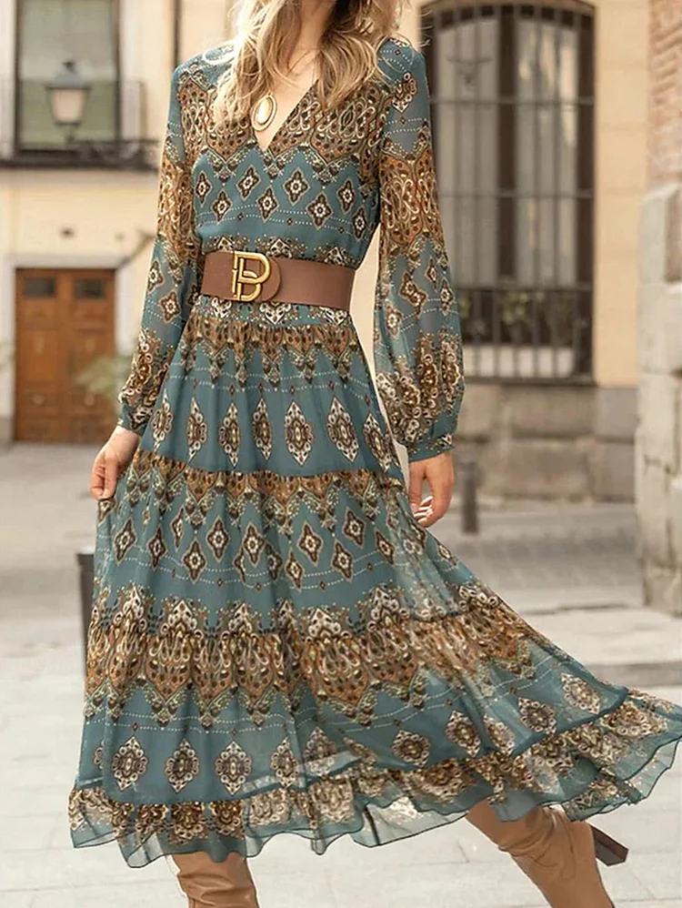 Elegant V Neck Baroque Print Ruffle Trim Belt Midi Dress
