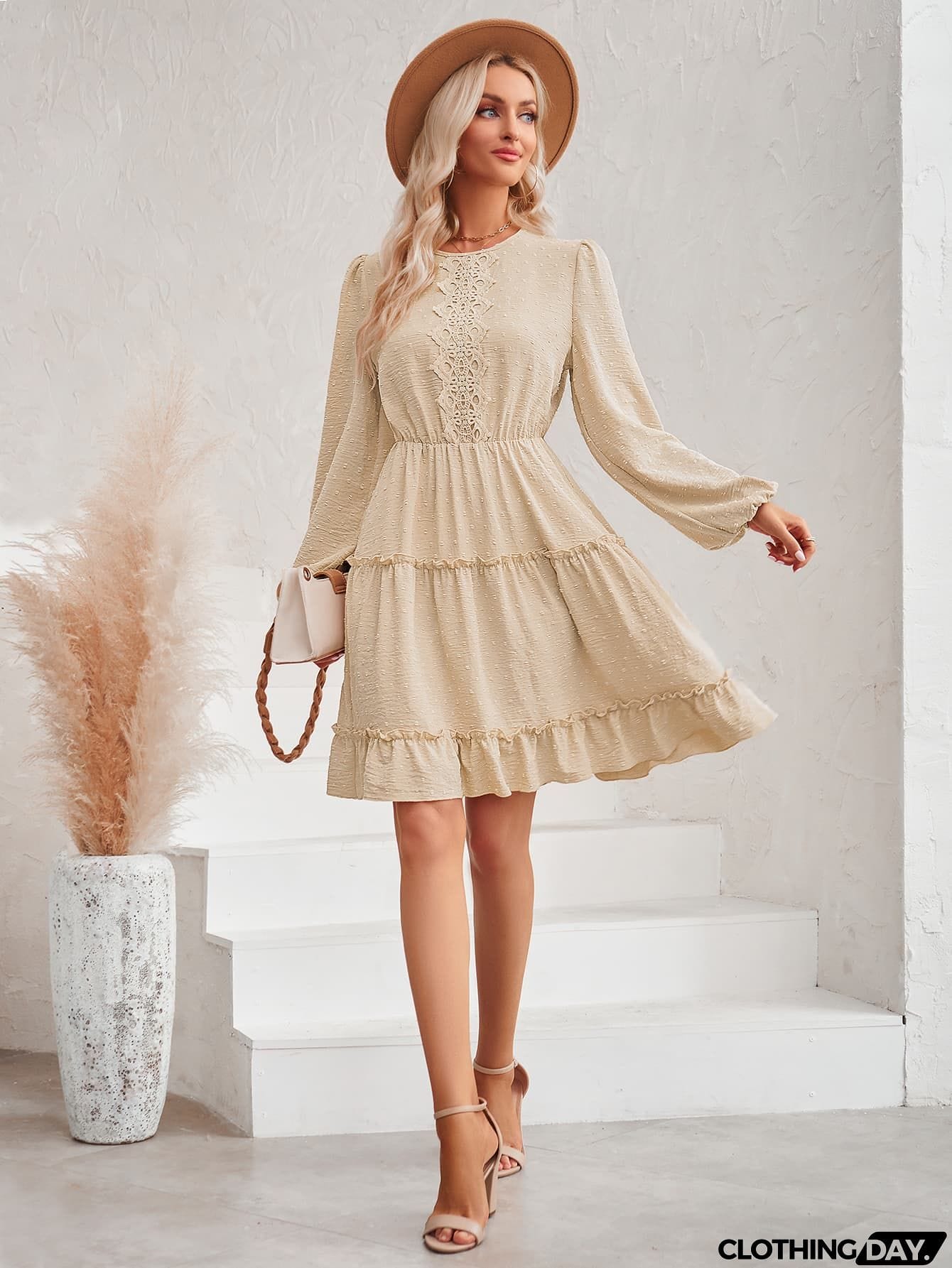 Swiss Dot Lace Trim Balloon Sleeve Dress