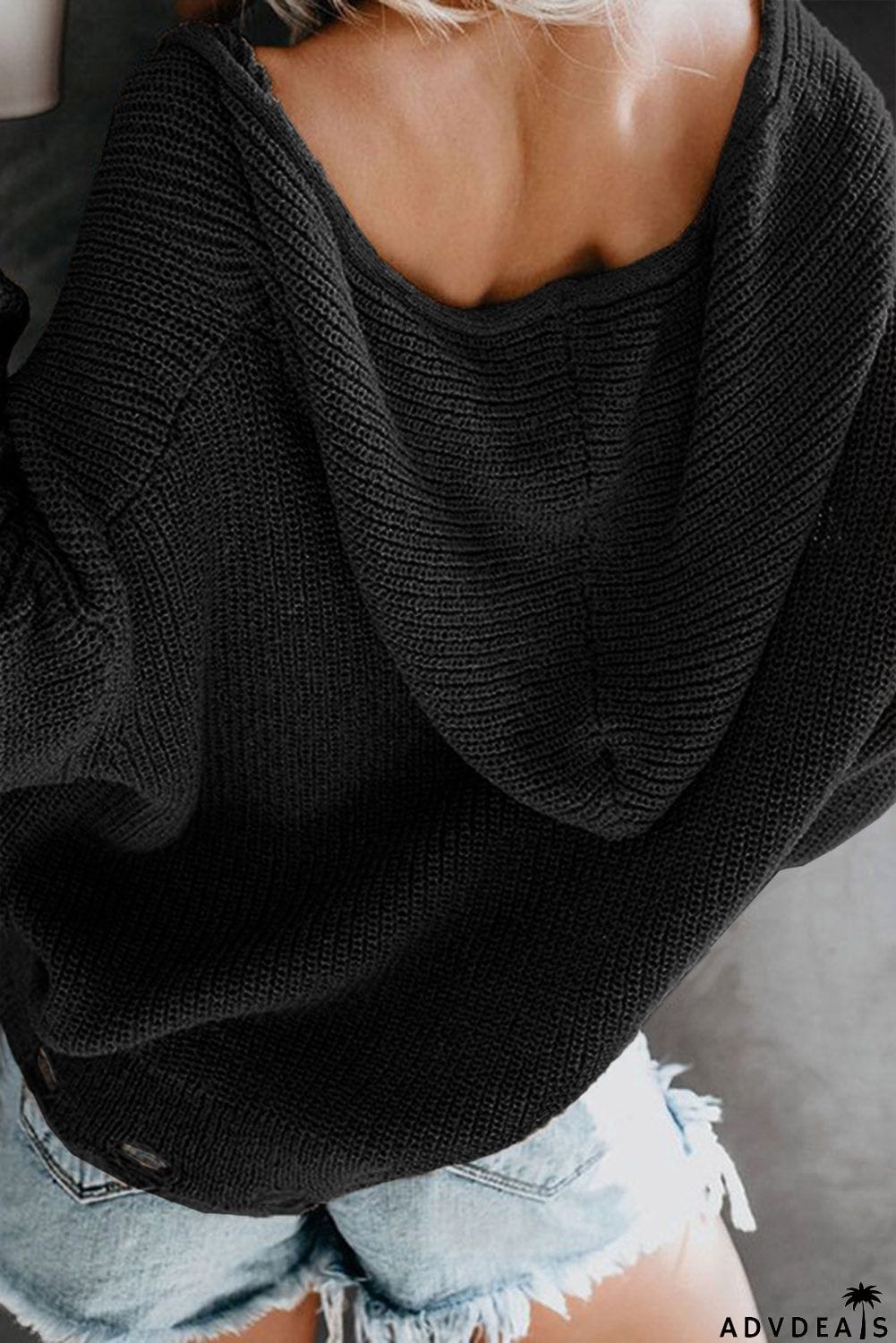 Zipper V-neck Dropped Sleeve Hooded Solid Sweater